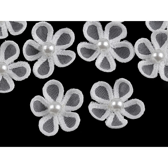 Flori din organza cu perlă, Ø25 mm, Off White, 10 buc.