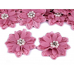 Flori textile cu perle, Ø50 mm, roz vintage, 10 buc.
