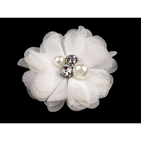 Flori textile cu perle și strasuri, Ø50 mm, alb, 10 buc.