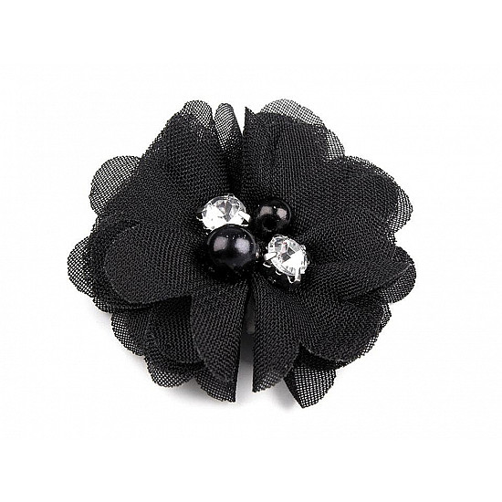 Flori textile cu perle și strasuri, Ø50 mm, negru, 10 buc.
