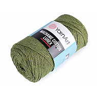 Fir de tricotat / croșetat Macrame Cotton cu lurex, 250 g - verde oliv - auriu